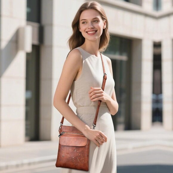 Versatile Women’s Crossbody Bag: Easy-Clean Vegan Leather with Butterfly Pattern - Picture 2 of 7